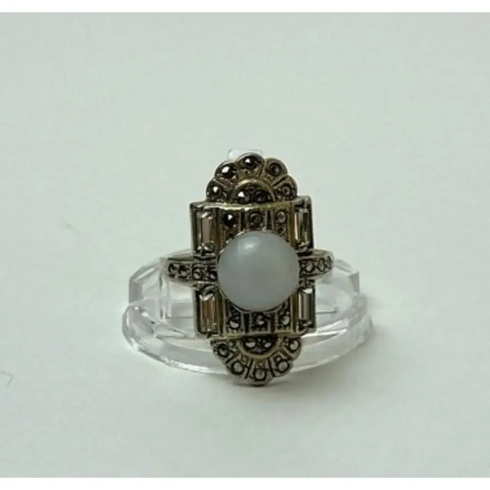 Vintage 925 Sterling Silver Agate, Goshenite & Marcasites Ring Size 5.5